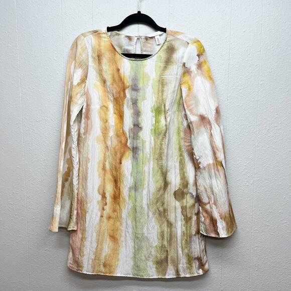 H&M Water Print Abstract Painter Flared Sleeve Lightweight Artsy Dress Sz Small - Picture 1 of 11